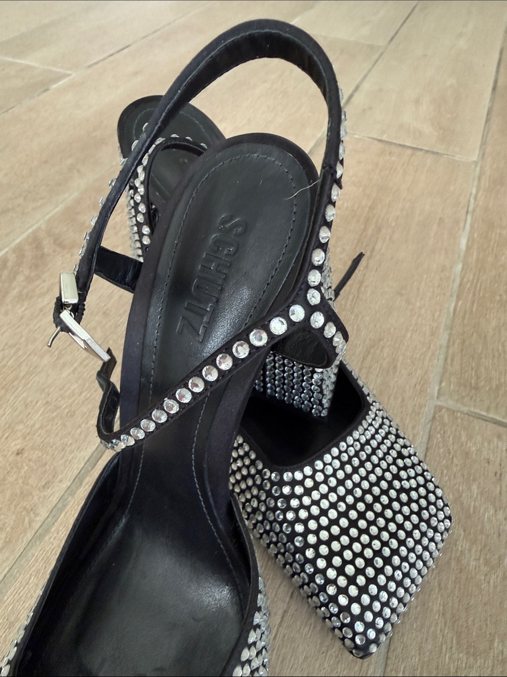 SCHUTZ Black Rhinestone Square-Toe Slingback Heels 10 Jaycie - Picture 11 of 12